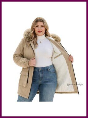 Plus Size Winter Parka Fleece Sherpa Lined Fur Hood Coat